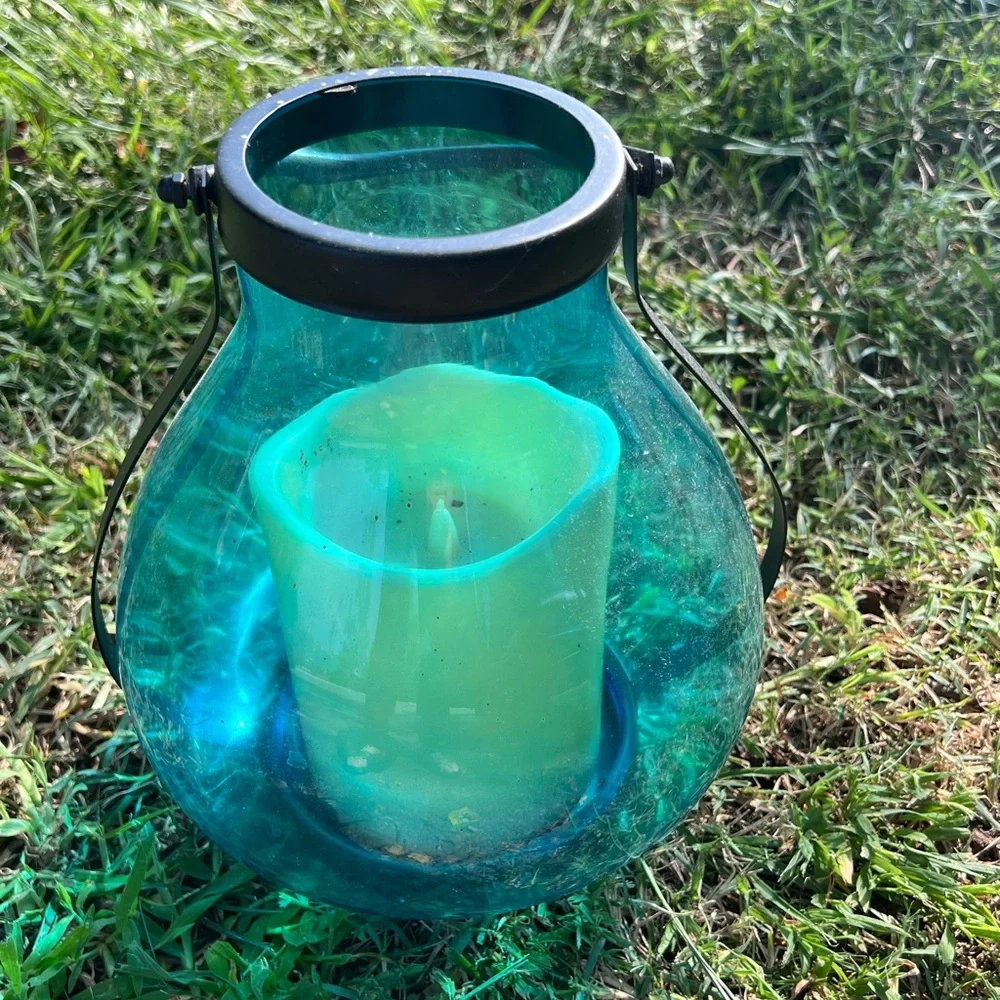 Blue Glass Lantern with Candle
